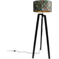 QAZQA Lampadaire trépied noir avec abat-jour motif feuille et intérieur doré 50cm - Puros