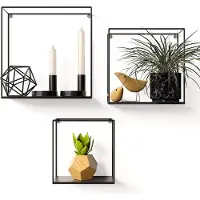 GADGY Wandrekken Industrieel - Set van 3 - Vierkant Wandrek Zwart - Wanddecoratie Woonkamer - Muurdecoratie Metaal - Wandplank zwevend voor Slaapkamer - 32, 27 en 22 cm