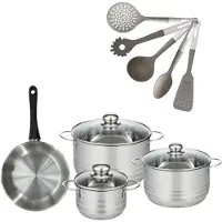 Fackelmann Batterie de cuisine avec 3 faitouts 16/20/24 cm et 1 poêle 20 cm sans PFAS et 5 ustensiles de cuisine Généva Brillant Vario