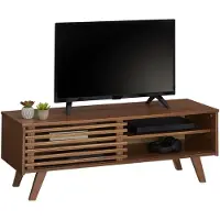 Idimex Meuble Tv Sean Banc Télé De 115 Cm Au Design Vintage Avec 4 Niches Et 1 Porte Coulissante Ajourée, En Pin Massif Lasuré Brun Foncé
