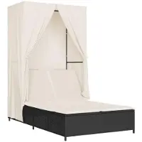 vidaXL Bain de soleil double avec toit et rideaux Noir Poly-Rattan