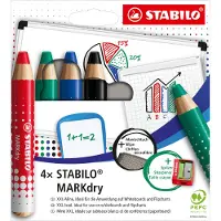 Stabilo MARKdry Coffret de 4 crayons marqueurs pour tableau blanc avec taille-crayon et chiffonnette