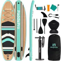 LifeGoods PaddlePro SUP Board - avec siège - Planche à pagaie gonflable - Ensemble complet - Max. 150KG - 320x81cm - Bois/Vert Menthe