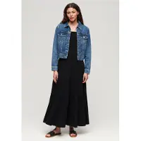 Superdry Dames Noir Robe Longue Caraco Smockée, Taille: 40