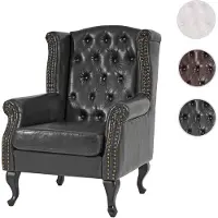 Mendler Fauteuil de luxe à oreilles Chesterfield similicuir noir sans pouf