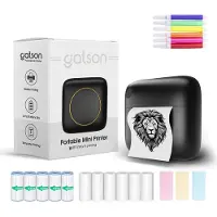 Gatson Mini Printer - Comprend 14 rouleaux de papier (autocollant, normal et couleur) + 5 stylos - Mini imprimante pour mobile - Imprimante de poche - Imprimante photo mobile