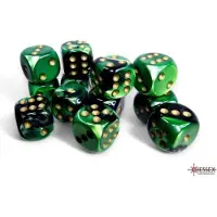 Chessex Gemini 16mm d6 avec points Blocs de dés (12 dés) - Noir-Vert avec or
