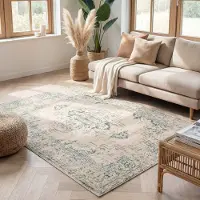 FRAAI Tapis vintage - Spring Ethnic Crème/Vert | 280x380 cm | Rectangulaire | Pile courte