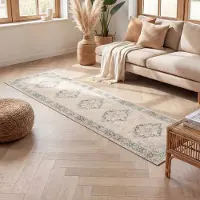 FRAAI Tapis de couloir vintage- Spring Medallion Crème/Vert | 80x300 cm | Tapis de couloir | Pile courte