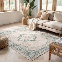 FRAAI Tapis vintage - Spring Medallion Crème/Vert | 160x230 cm | Rectangulaire | Pile courte