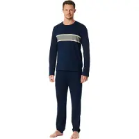 Schiesser Pyjama long ' Casual Nightwear ' beige / bleu marine / gris