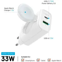 FIXED Fixe 1x USB-C, 1xUSB, et chargeur pour Apple Watch, 33W - blanc