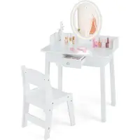 Costway 2 en 1 Coiffeuse pour enfants avec tabouret, Coiffeuse avec miroir éclairé, tiroir & organiseur à bijoux, Coiffeuse princesse en bois pour enfants filles, Blanc
