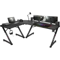 Huzaro Hero 7.0 Table de jeu Bureau PC Ordinateur Bureau ergonomique en carbone Plateau de table Crochet pour écouteurs Porte-boissons Antidérapant Protection des pieds Noir 154 x 117 x 73 cm Grand