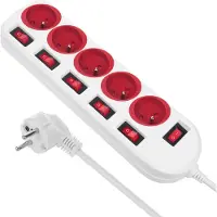 Macleans MCE204M/R Multiprise à 5 positions de type E 1,5m avec interrupteur Multiprise Barre de prises multiples Protection enfants FR Fiche Max. 10A Protection contre les surtensions (Blanc/Rouge)