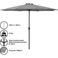 Casa.pro Parasol Parasol de marché Parasol à manivelle Jardin Gris / 230x300cm / 5,7kg / Acier / Polyester 160g/m² []