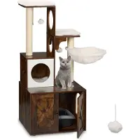 Relaxdays Arbre à chat avec meuble pour litière, dimensions 128 x 95 x 52 cm, poteaux en sisal et niche, style industriel, tour pour chat, marron et blanc