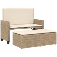 vidaXL Banc de jardin avec coussin et tabouret Beige Poly Rattan