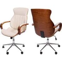 Mendler Chaise de bureau HWC-H39, pivotante, fauteuil, bois courbé, aspect noyer, similicuir beige-crème