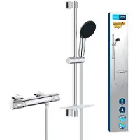 GROHE Ensemble de douche avec mitigeur thermostatique. Pommeau de douche 3 jets. Barre de douche de 60 cm et flexible - 34791001 - Économie d'eau - Chrome