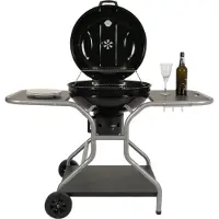 Mendler Chariot à grillades HWC-N16, gril à charbon de bois gril sphérique gril de jardin avec couvercle trois étagères, acier émaillé 143x131x66cm noir