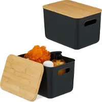 Relaxdays Boîte de rangement , lot de 2, couvercle, plastique, bambou, poignée, dimensions : 16 x 26 x 17,5 cm, organiseur, noir/naturel
