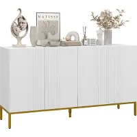 HOMCOM Buffet menuble de rangement design contemporain graphique 2 placards porte étagères réglables en bois blanc métal doré