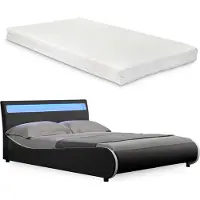 Corium LED Lit rembourré 'Valencia' avec matelas - 140 x 200 cm - Noir Similicuir - avec sommier à lattes et éclairage RGB