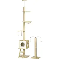 PawHut Lot de 2 arbres à chat sol au plafond hauteur réglable 225-285 cm 4 niveaux - niche, hamac, échelle, jeux - beige