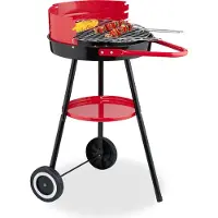 Relaxdays Barbecue au charbon de bois avec roulettes, Ø 42 cm, barbecue de pique-nique pour le jardin et le parc, barbecue, pare-vent, barbecue rond, noir/rouge