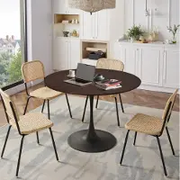MODFU Table À Manger Ronde - Pieds Métal Noir Et Plateau MDF Grain De Bois Épissé, Pour Salle À Manger, Cuisine Et Salon, 120 x 120 x 75 cm - Brun