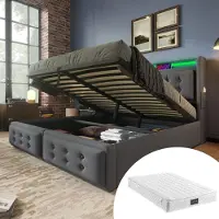 MODFU Lit boxspring à système hydraulique 140 x 200 cm avec éclairage LED, lit rembourré fonctionnel avec port de recharge USB, lit avec coffre de rangement, gris (avec matelas)