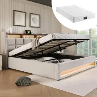 Sweiko Lit rembourré avec USB 140x200cm,Lit double à LED avec sommier à lattes métalliques,Cadre de lit en lin Lit pour adolescent avec matelas