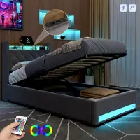 OKWISH Lit à coussins 90×190 cm avec éclairage LED, ports USB et tiroirs, lit avec tête de lit et étagère, lit confortable pour chambre, gris, sans matelas