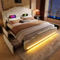 OKWISH Lit double pour jeunes 180x200 cm, lit coffre avec 4 tiroirs, LED et recharge USB-C, sommier inclus, velours, sans matelas – beige