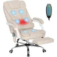 Vinsetto Fauteuil de bureau massant et chauffant, chaise de bureau ergonomique hauteur réglable, dossier inclinable, repose-pieds, télécommande filaire, pivotant 360°, tissu en microfibre, crème