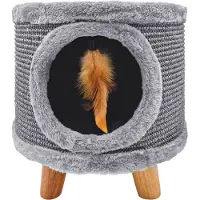 Mersjo Griffoir robuste pour chat, petit 38cm, gris avec plume et lit Cabin II