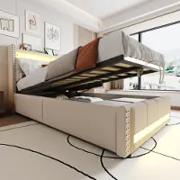Sweiko Lit d'enfant rembourré 90x200cm avec éclairage LED et prise USB, Avec hydraulique pour le stockage, Lit simple, Tissu lin Beige