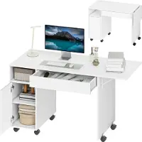 HOMCOM Bureau d'ordinateur sur roulettes avec plateau pliable, 130 x 58 cm, table informatique, tiroir, placard, compartiment et étagère réglable, poste de travail pour petits espaces, salon, blanc