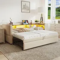 MODFU Lit Gigogne Simple 90x190 cm avec Rangement et Éclairage LED, Canapé Convertible Multifonction, Flanelle Beige - Sans Matelas