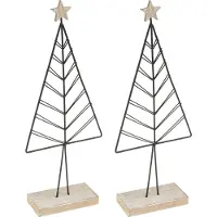 Viana Set élégant mini sapin de Noël en métal et bois 28cm noir naturel - 2 pièces