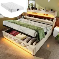 Sweiko Lit double rembourré 140 x 200, Tête de lit de rangement avec port USB et type C ,Lits LED avec rangement hydraulique, Beige, Avec matelas