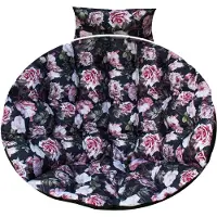Blomster Coussin pour chaise suspendue, rembourrage pour balançoire Polyrattan / rotin, coussin rond pour panier suspendu, coussin de dossier-XXL 110cm-noir avec roses