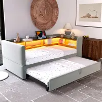 MODFU Lit Gigogne Simple 90x190 cm avec Espaces de Rangement et LED Intégrée, Canapé Convertible Multifonction, Flanelle Gris Clair - Sans Matelas