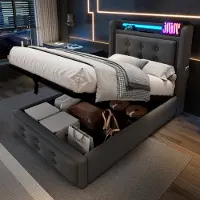 MODFU Lit boxspring à système hydraulique 90 x 200 cm avec éclairage LED, lit rembourré fonctionnel avec port de recharge USB, lit avec coffre de rangement, gris (sans matelas)