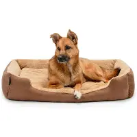 Lionto Lit pour chien, lit douillet et moelleux avec coussin réversible amovible & fond antidérapant, 90x70 cm, brun/beige