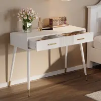 OKWISH Coiffeuse - Bureau avec 2 Tiroirs et Pieds Métal, Table de Maquillage Polyvalente pour Salon et Chambre, MDF, 100x40x76 cm - Blanc
