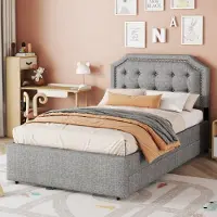 Sweiko Lit rembourré 90 x 200 cm lit plat, rembourrage de chevet avec rivets décoratifs, double tiroirs, gris