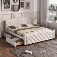 Sweiko Lit rembourré 160 x 200 cm - Lit avec sommier à lattes, 2 tiroirs et tête de lit avec rivets à points de traction - Bois & Simili cuir - Blanc
