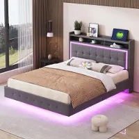 Sweiko Lit rembourré 140x200, avec prise USB et lumière LED, design de pied caché, lit double plat, tissu de lin gris